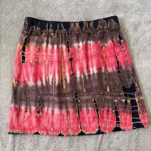 Boho Artisan Tie Dye Mini Skirt Earthy Abstract Batik Print Resort Festival L
